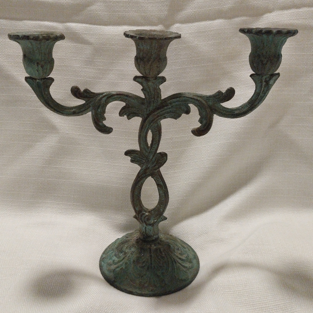 Vintage Z Gallerie Green Patina Iron Baroque Candelabra